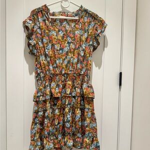 Floral Dress - Multicolor with cinched waist and short flutter sleeves by Entro